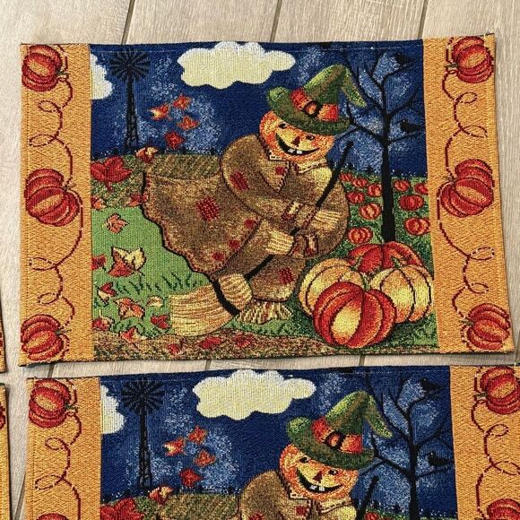 4 Vintage Scarecrow Tapestry Placemat Set Halloween Autumn - Picture 5 of 8